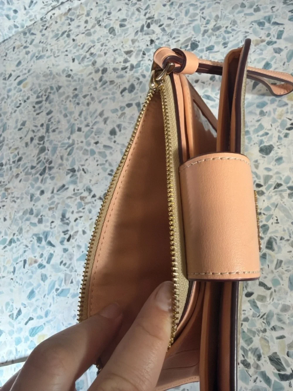 Coach Signature Canvas Wristlet in Tan with Pink Trim